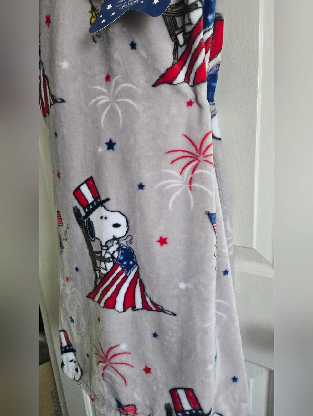 Peanuts Plush Throw Blanket - Grey, Blue, Red, White, Patriotic Usa Flag